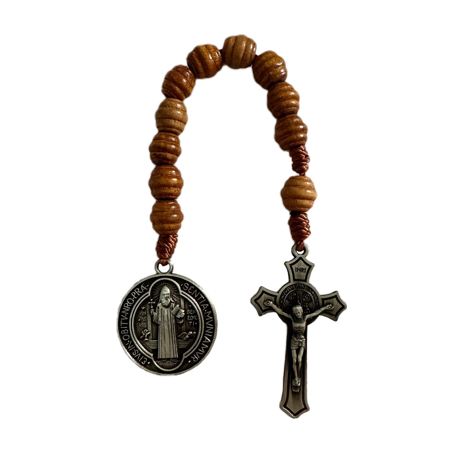 Saint Benedict Medal Prayer Pocket Rosary Catholic Brown Wood Beads with Medalla de san benitol and Crucifix, 9 Inch(Silver)
