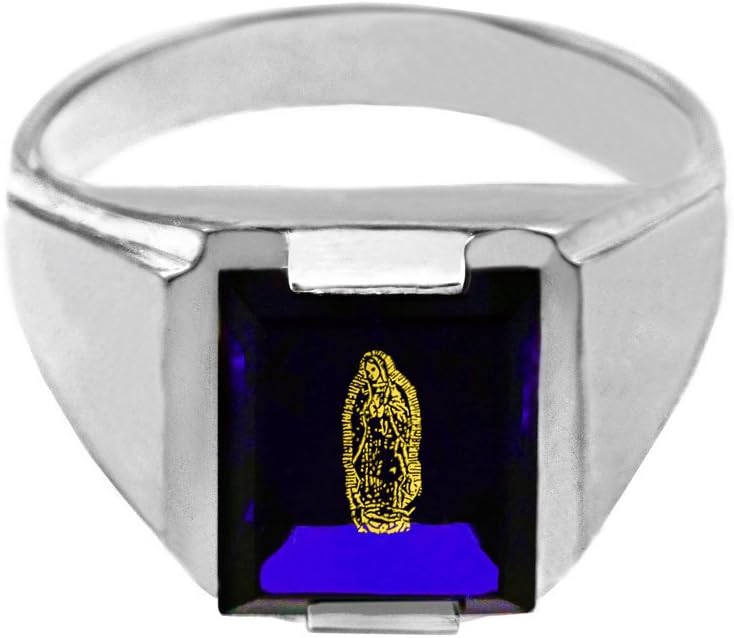 Claddagh Gold .925 Sterling Silver Cubic Zirconia CZ Blue Stone Square and Our Lady of Guadalupe Signet Men's Ring | Available in Sizes 6-16