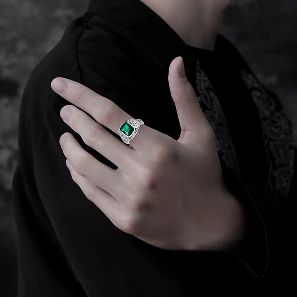 Green Simulated Emerald Ring for Men Sterling Silver Vintage Gothic Biker Ring