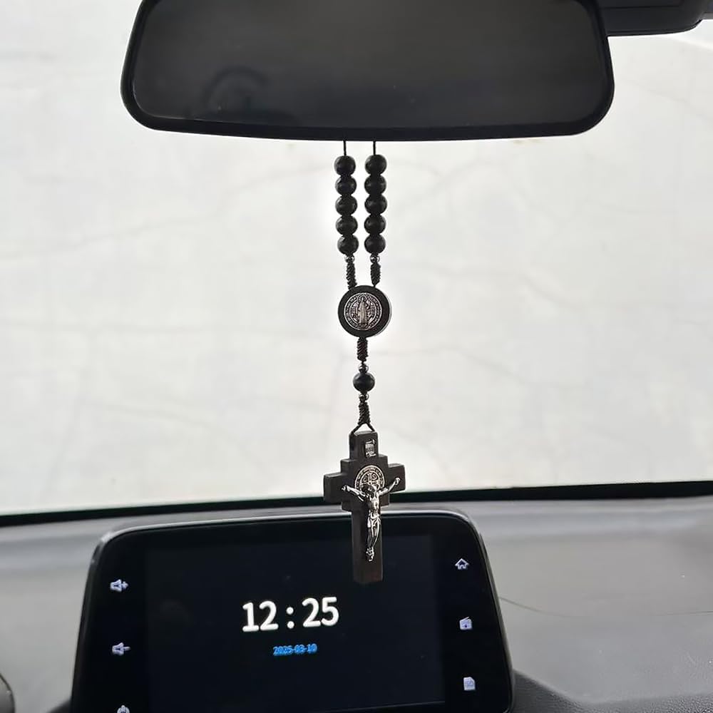 Wood Beads Auto Rosary for Car One Decade Catholic Rosary with St. Benedict Medal Centerpiece and Crucifix Secure Clasp Design for Mirror, Rearview, Home Door Hanging (Dark Brown)