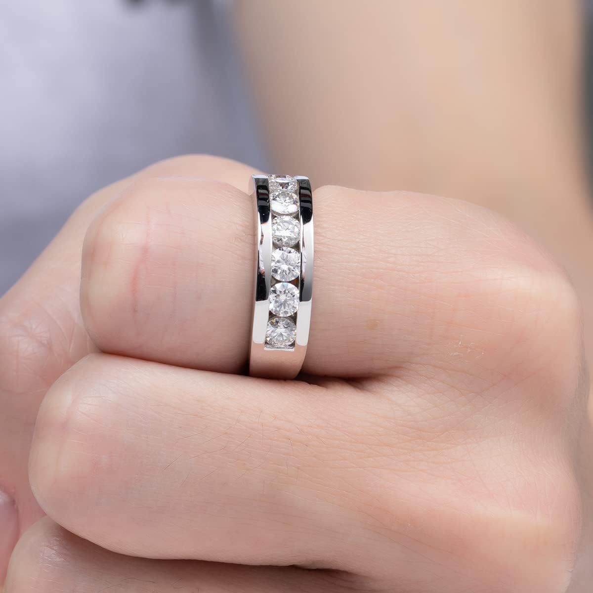 AnuClub Moissanite Wedding Band Half Eternity Rings D Color VVS1 925 Sterling Silver Anniversary Band Rings for Men with Certificate