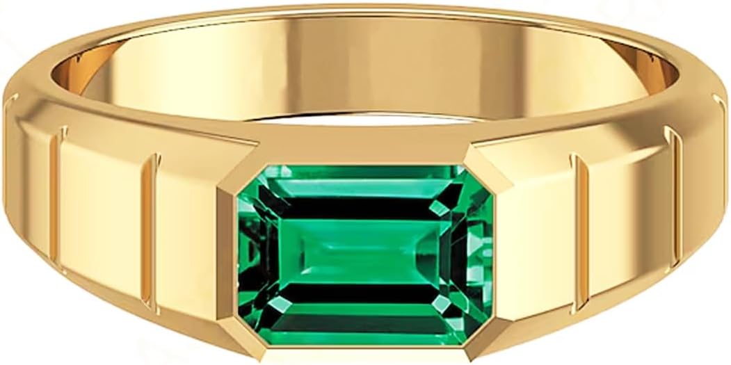 Men's Rectangular Green Emerald Ring Yellow Gold Plated Silver Luxury Emerald Stone Ring for Men Vintage Jewelry Handmade Engagement Promise Gift for Husband