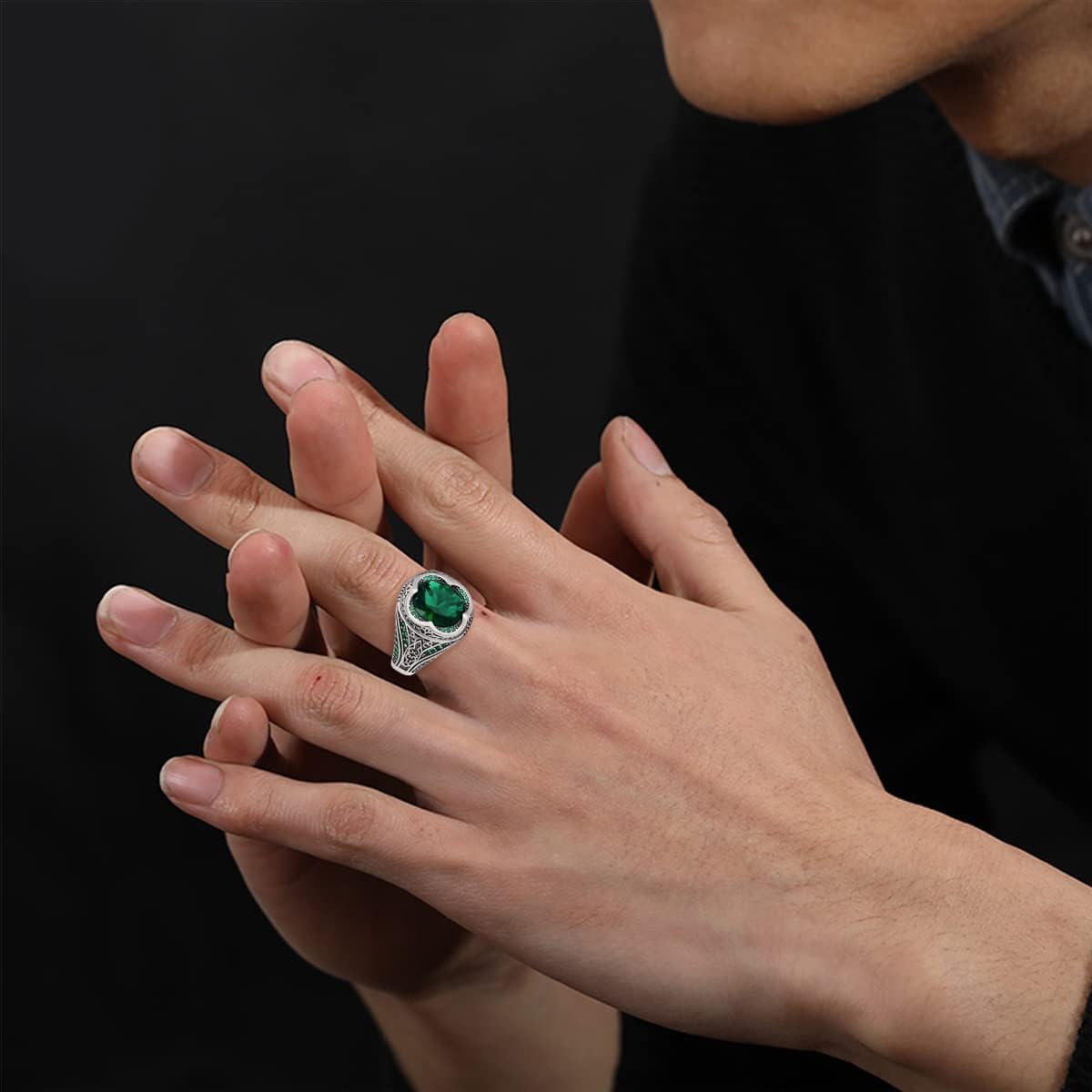 Sterling Silver Oval Emerald Gemstone Ring for Men Vintage Retro Jewelry for Men