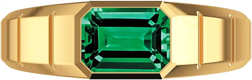 Men's Rectangular Green Emerald Ring Yellow Gold Plated Silver Luxury Emerald Stone Ring for Men Vintage Jewelry Handmade Engagement Promise Gift for Husband
