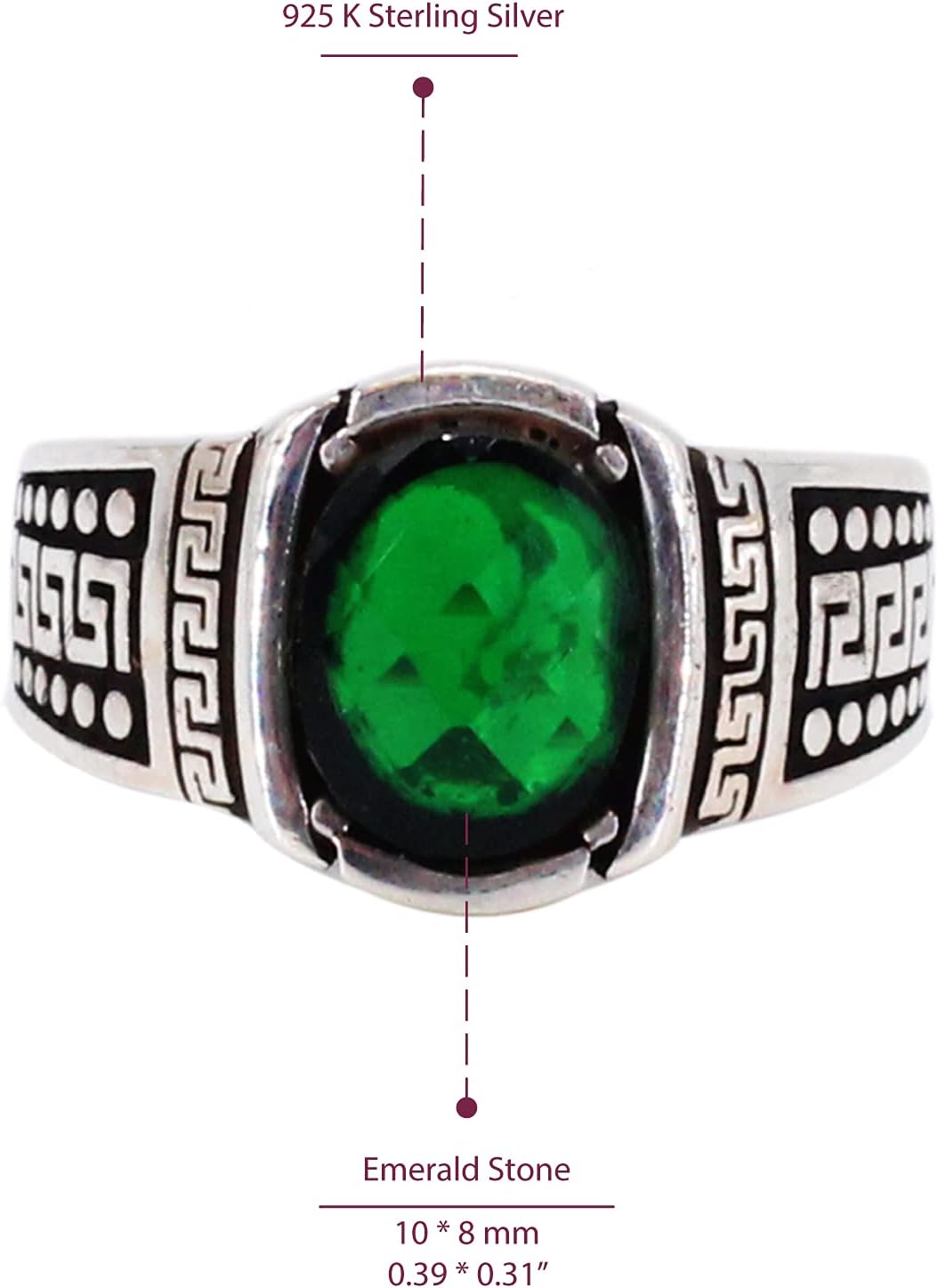 Elegant Greek Wave Detailed Oval Emerald Silver Ring. Stylish Handmade Vintage Statement Ring. Sterling Silver Jewelry for Men.
