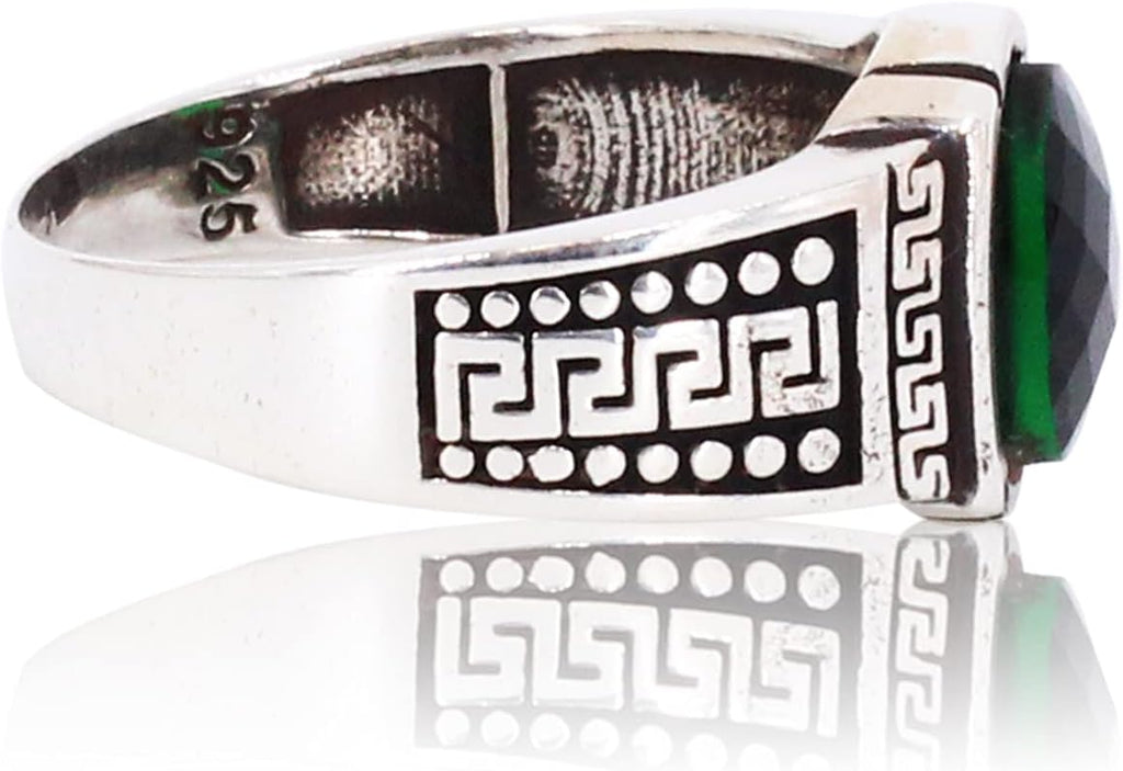 Elegant Greek Wave Detailed Oval Emerald Silver Ring. Stylish Handmade Vintage Statement Ring. Sterling Silver Jewelry for Men.