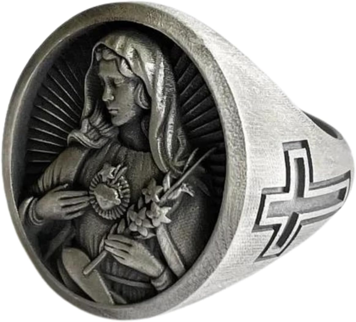 Immaculate Heart of Mary Ring, Sacred Heart Of Virgin Mary Ring, Engraved Ring, Holy Mother Mens Ring, 70th Birthday Gift, Christian Gifts