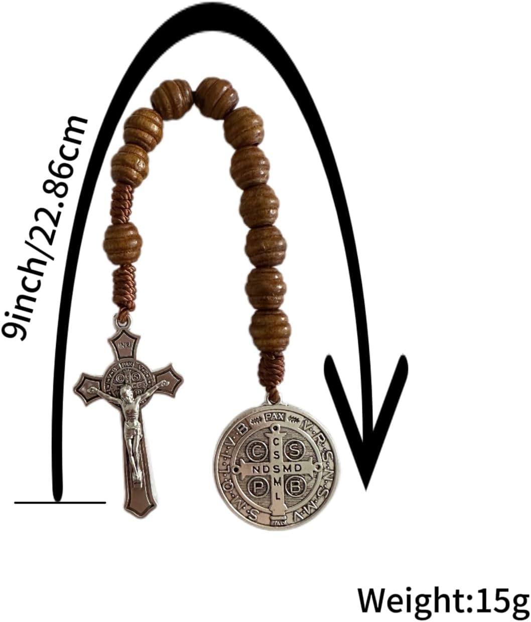 Saint Benedict Medal Prayer Pocket Rosary Catholic Brown Wood Beads with Medalla de san benitol and Crucifix, 9 Inch(Silver)