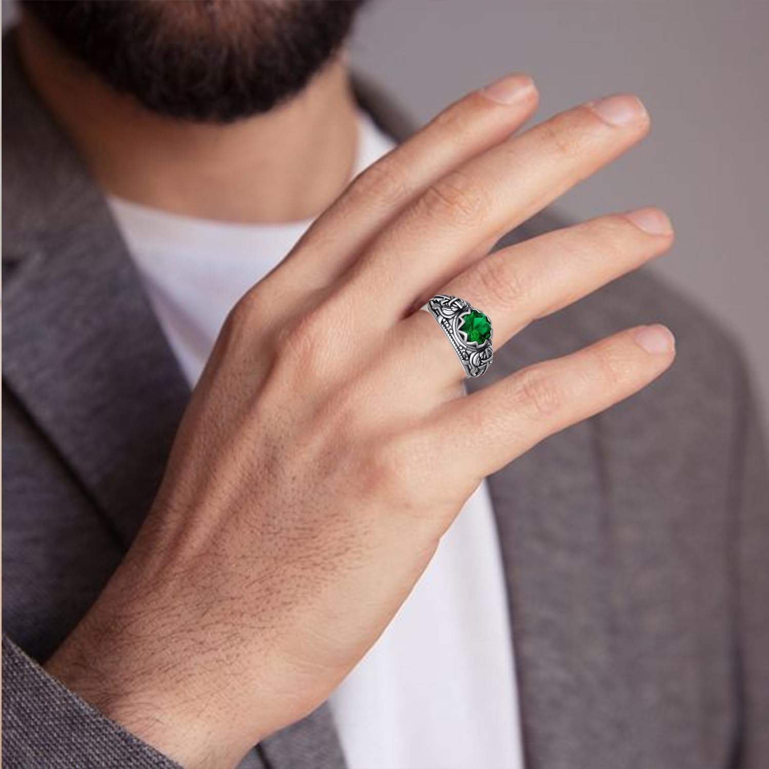 St Michael Ring Sterling Silver Mens Emerald Ring Saint Michael the Archangel Jewelry for Men Women (Size 8-10)