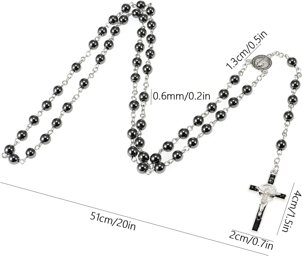6mm Glass Pearl Rosary Beads Catholic for Women, Virgin Mary Our Lady of Guadalupe Medal, Hematite Stone Saint Benedict Rosary, Bead Necklace First Communion Gifts with Metal Gift Box