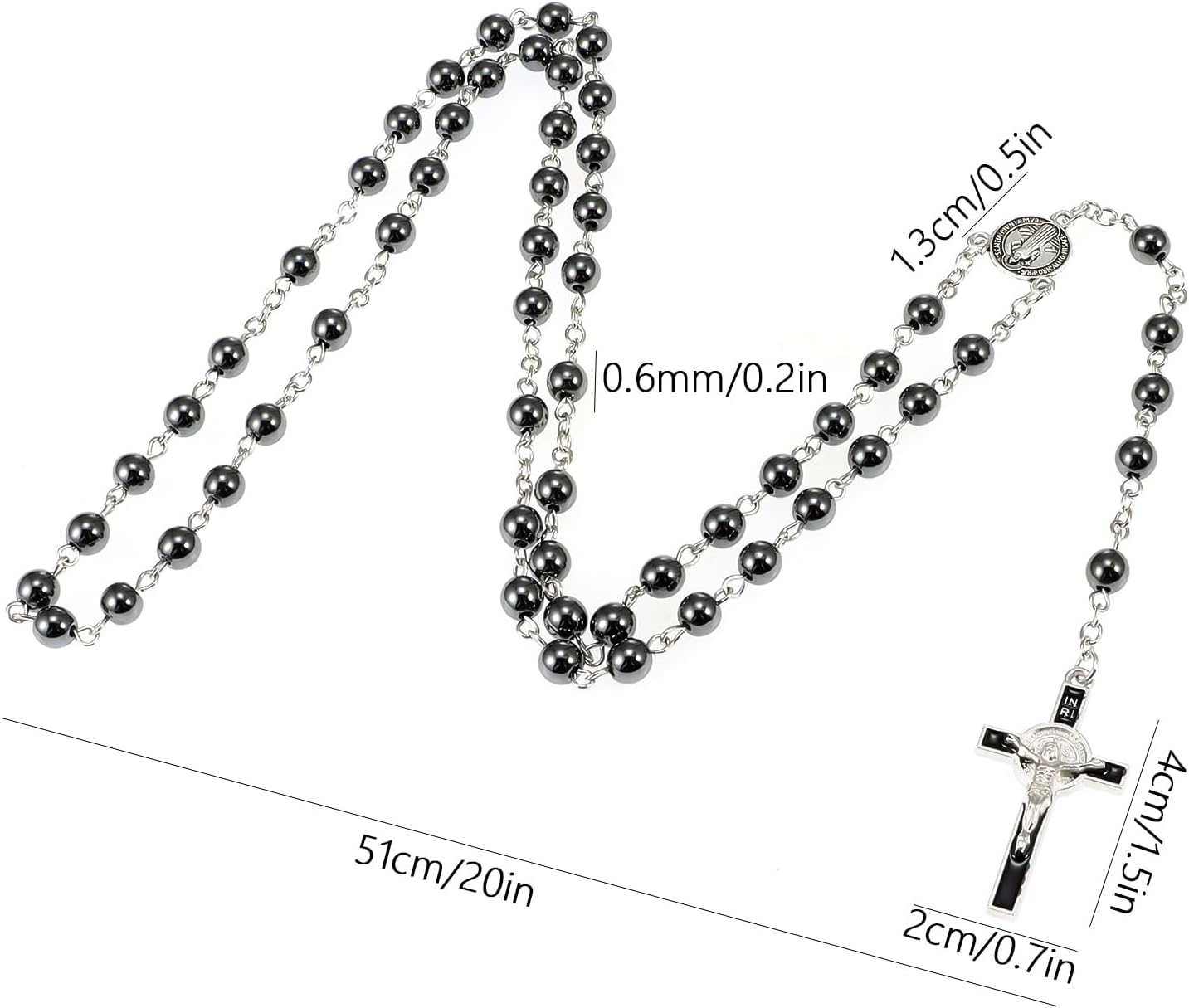 6mm Glass Pearl Rosary Beads Catholic for Women, Virgin Mary Our Lady of Guadalupe Medal, Hematite Stone Saint Benedict Rosary, Bead Necklace First Communion Gifts with Metal Gift Box