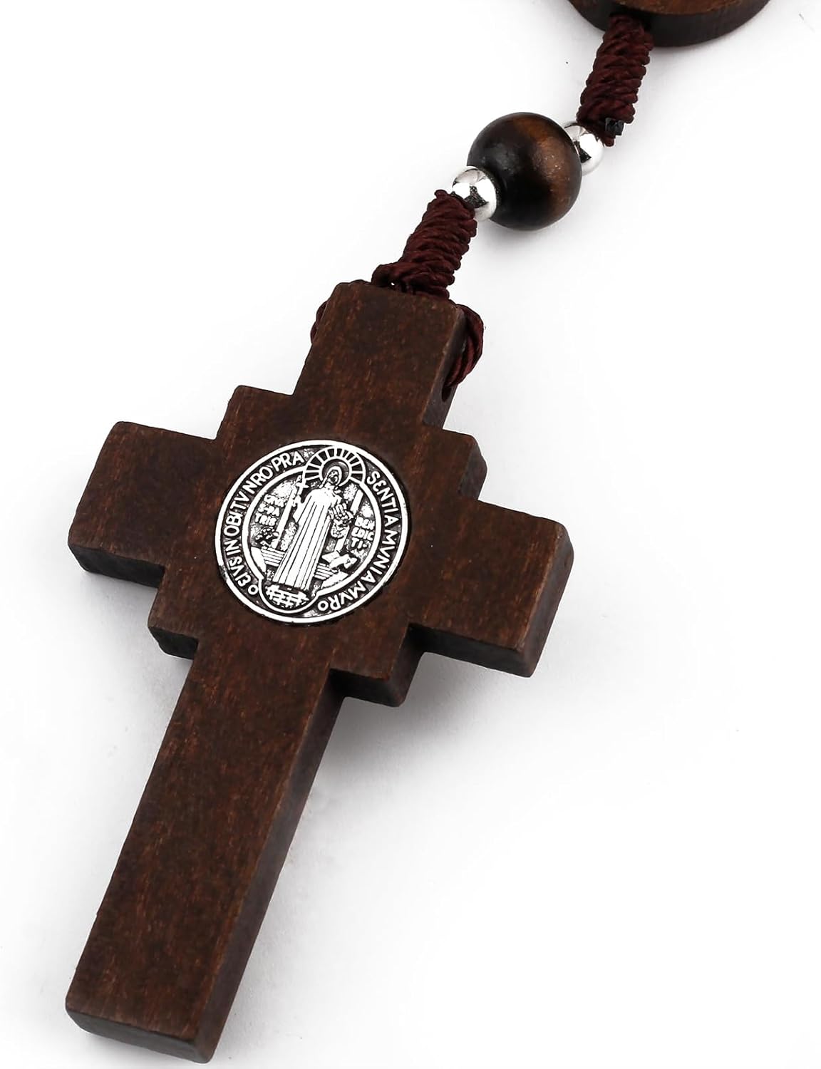 Wood Beads Auto Rosary for Car One Decade Catholic Rosary with St. Benedict Medal Centerpiece and Crucifix Secure Clasp Design for Mirror, Rearview, Home Door Hanging (Dark Brown)