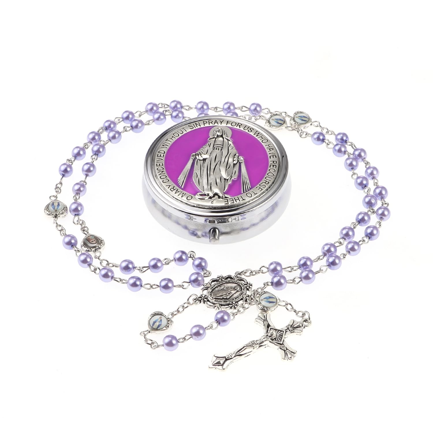6mm Glass Pearl Rosary Beads Catholic for Women, Virgin Mary Our Lady of Guadalupe Medal, Hematite Stone Saint Benedict Rosary, Bead Necklace First Communion Gifts with Metal Gift Box