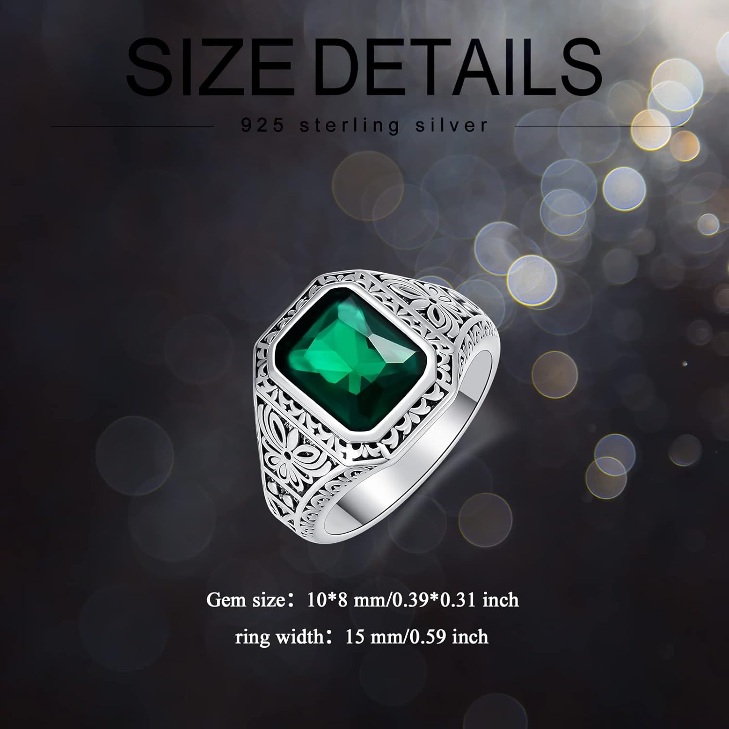 Green Simulated Emerald Ring for Men Sterling Silver Vintage Gothic Biker Ring