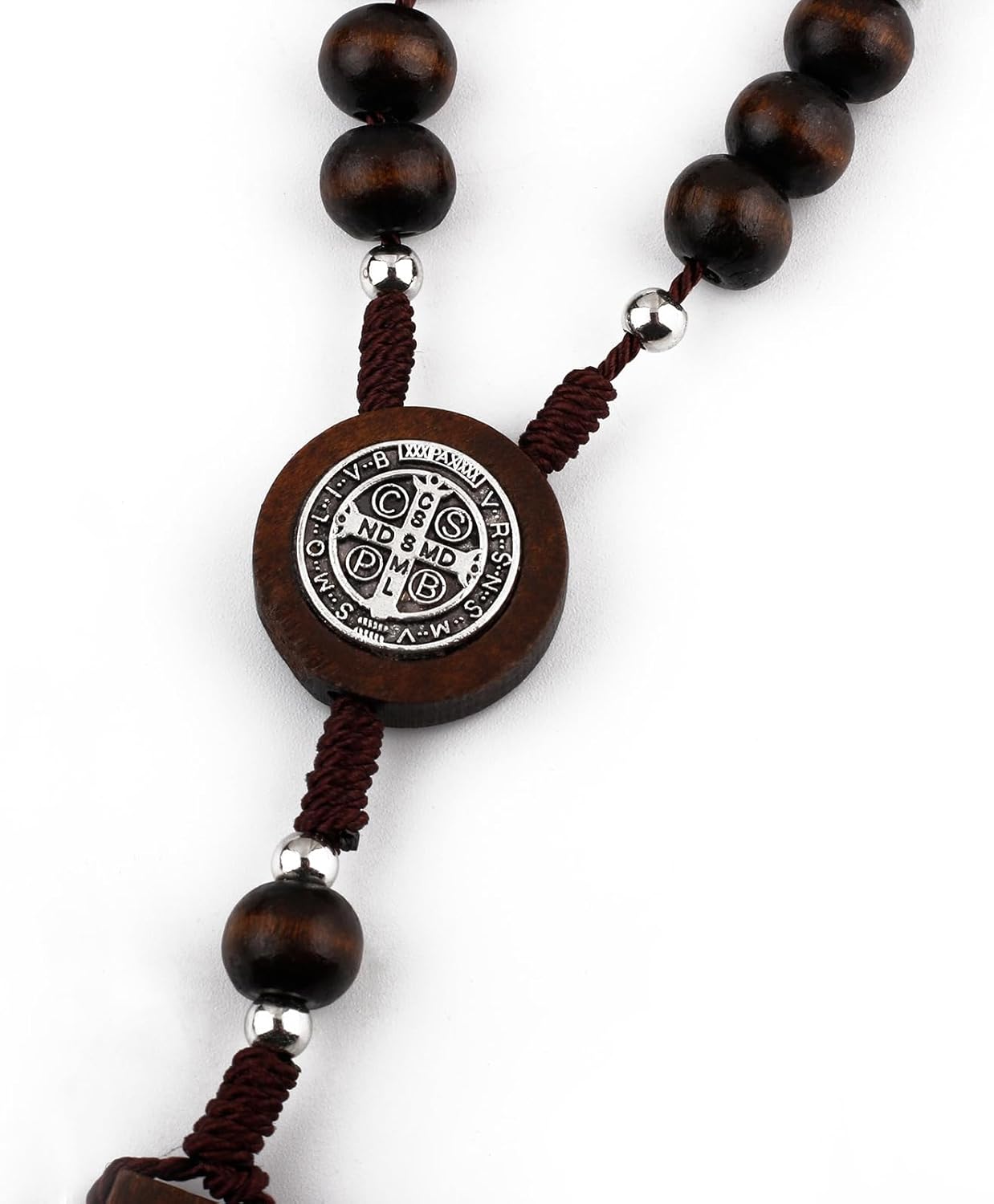 Wood Beads Auto Rosary for Car One Decade Catholic Rosary with St. Benedict Medal Centerpiece and Crucifix Secure Clasp Design for Mirror, Rearview, Home Door Hanging (Dark Brown)