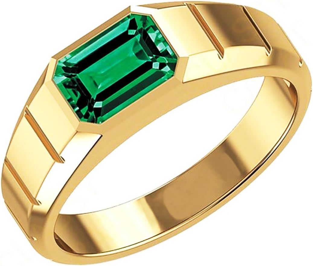 Men's Rectangular Green Emerald Ring Yellow Gold Plated Silver Luxury Emerald Stone Ring for Men Vintage Jewelry Handmade Engagement Promise Gift for Husband
