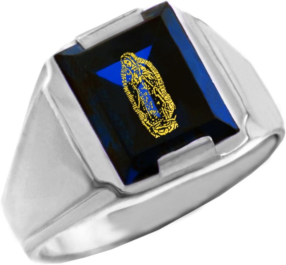 Claddagh Gold .925 Sterling Silver Cubic Zirconia CZ Blue Stone Square and Our Lady of Guadalupe Signet Men's Ring | Available in Sizes 6-16