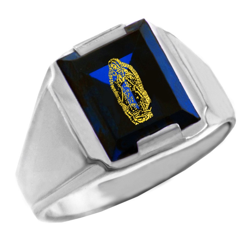 Claddagh Gold .925 Sterling Silver Cubic Zirconia CZ Blue Stone Square and Our Lady of Guadalupe Signet Men's Ring | Available in Sizes 6-16