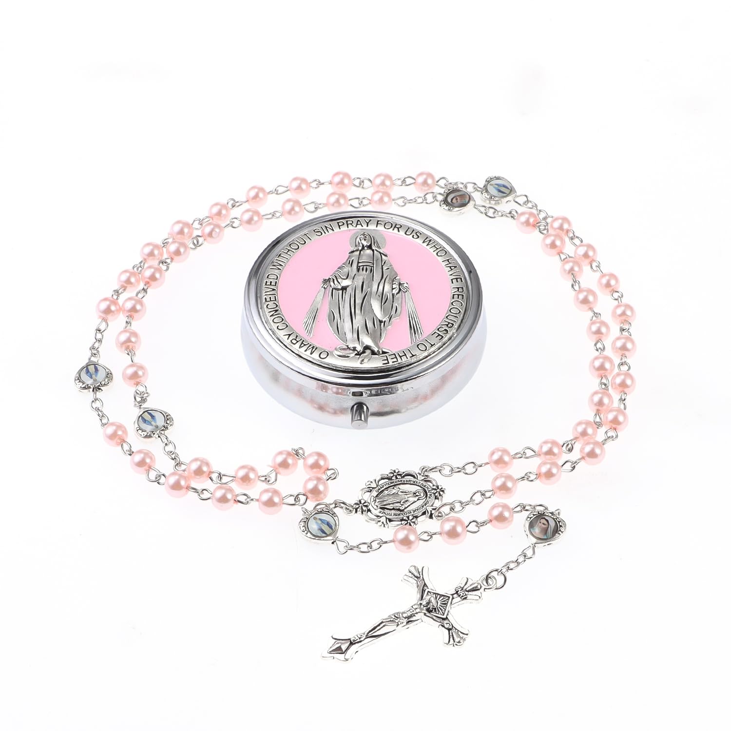 6mm Glass Pearl Rosary Beads Catholic for Women, Virgin Mary Our Lady of Guadalupe Medal, Hematite Stone Saint Benedict Rosary, Bead Necklace First Communion Gifts with Metal Gift Box