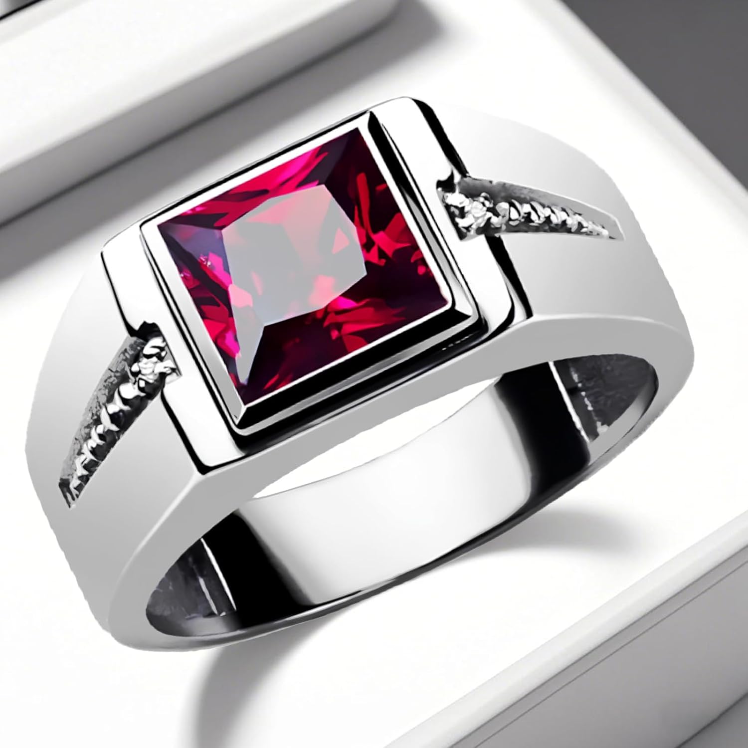 Ruby Ring Men's Square Silver Ruby Gemstone Ring for Men Handmade Jewelry Engagement Wedding Vintage Promise Gifts for Husband