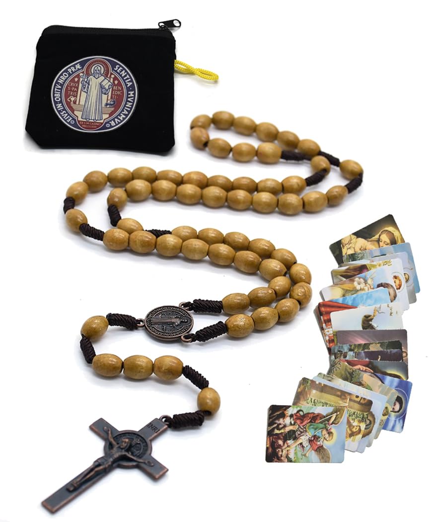 SZQCZB Wooden Rosary Beads Catholic for Men, Saint Benedict Medal and Cross - Comes in Gift Pouch and 18pcs Prayer Cards