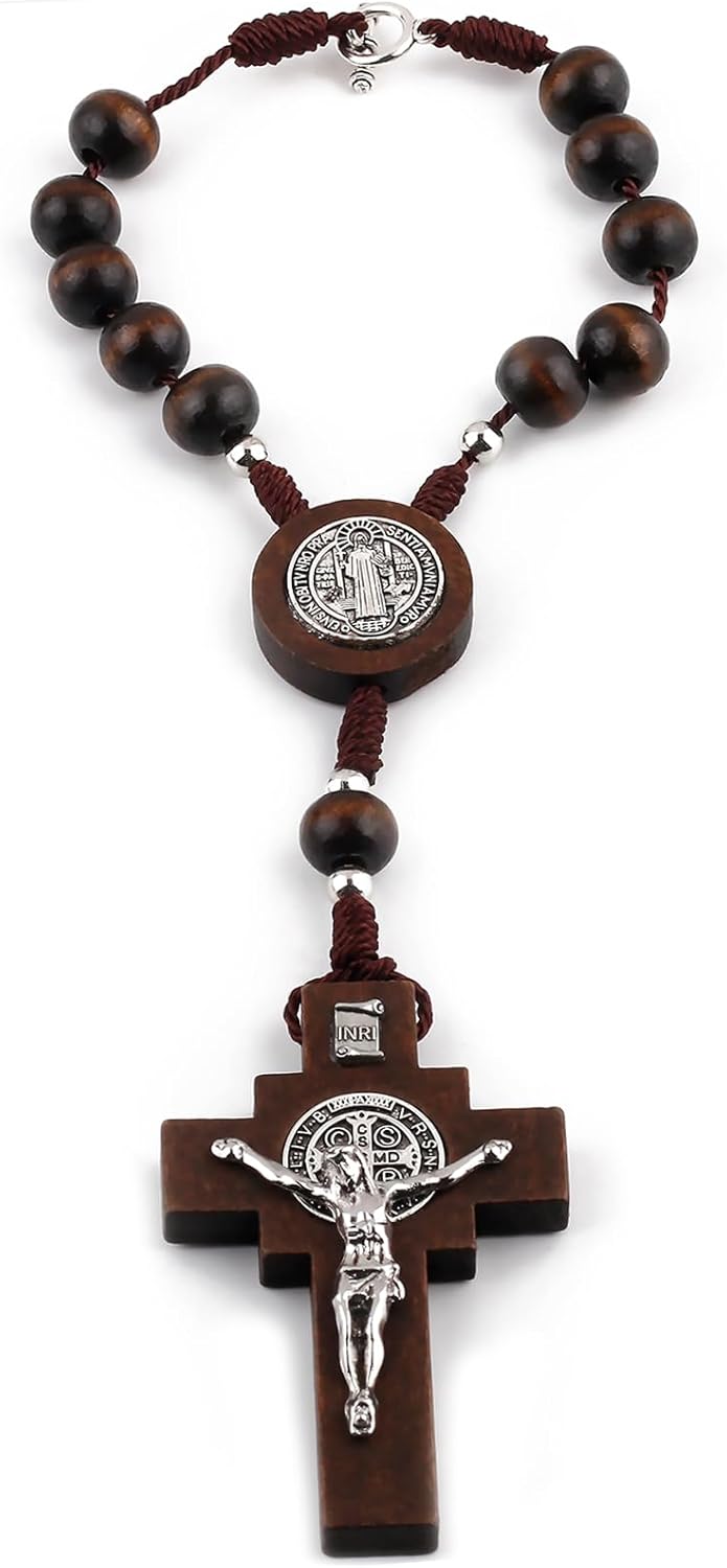 Wood Beads Auto Rosary for Car One Decade Catholic Rosary with St. Benedict Medal Centerpiece and Crucifix Secure Clasp Design for Mirror, Rearview, Home Door Hanging (Dark Brown)