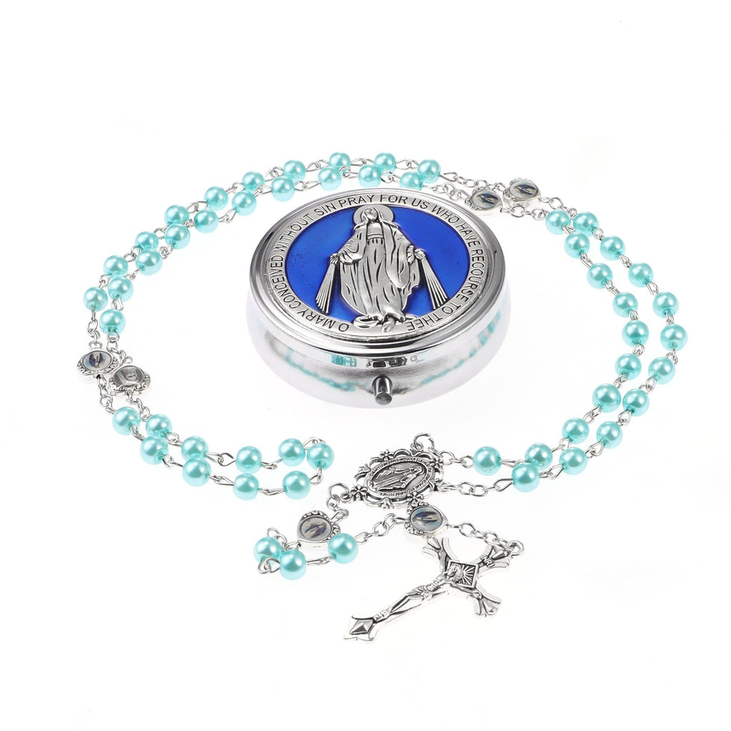 6mm Glass Pearl Rosary Beads Catholic for Women, Virgin Mary Our Lady of Guadalupe Medal, Hematite Stone Saint Benedict Rosary, Bead Necklace First Communion Gifts with Metal Gift Box