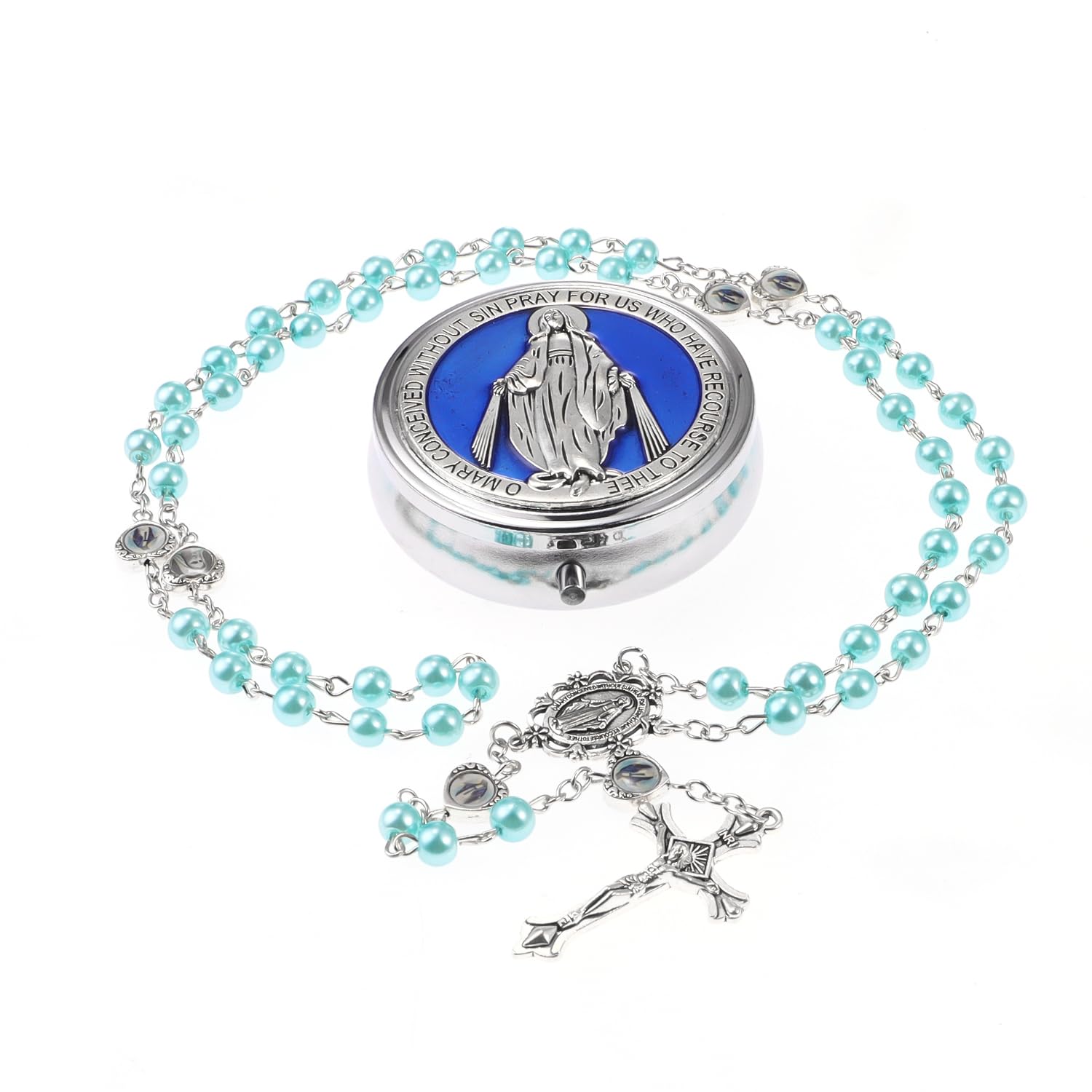 6mm Glass Pearl Rosary Beads Catholic for Women, Virgin Mary Our Lady of Guadalupe Medal, Hematite Stone Saint Benedict Rosary, Bead Necklace First Communion Gifts with Metal Gift Box