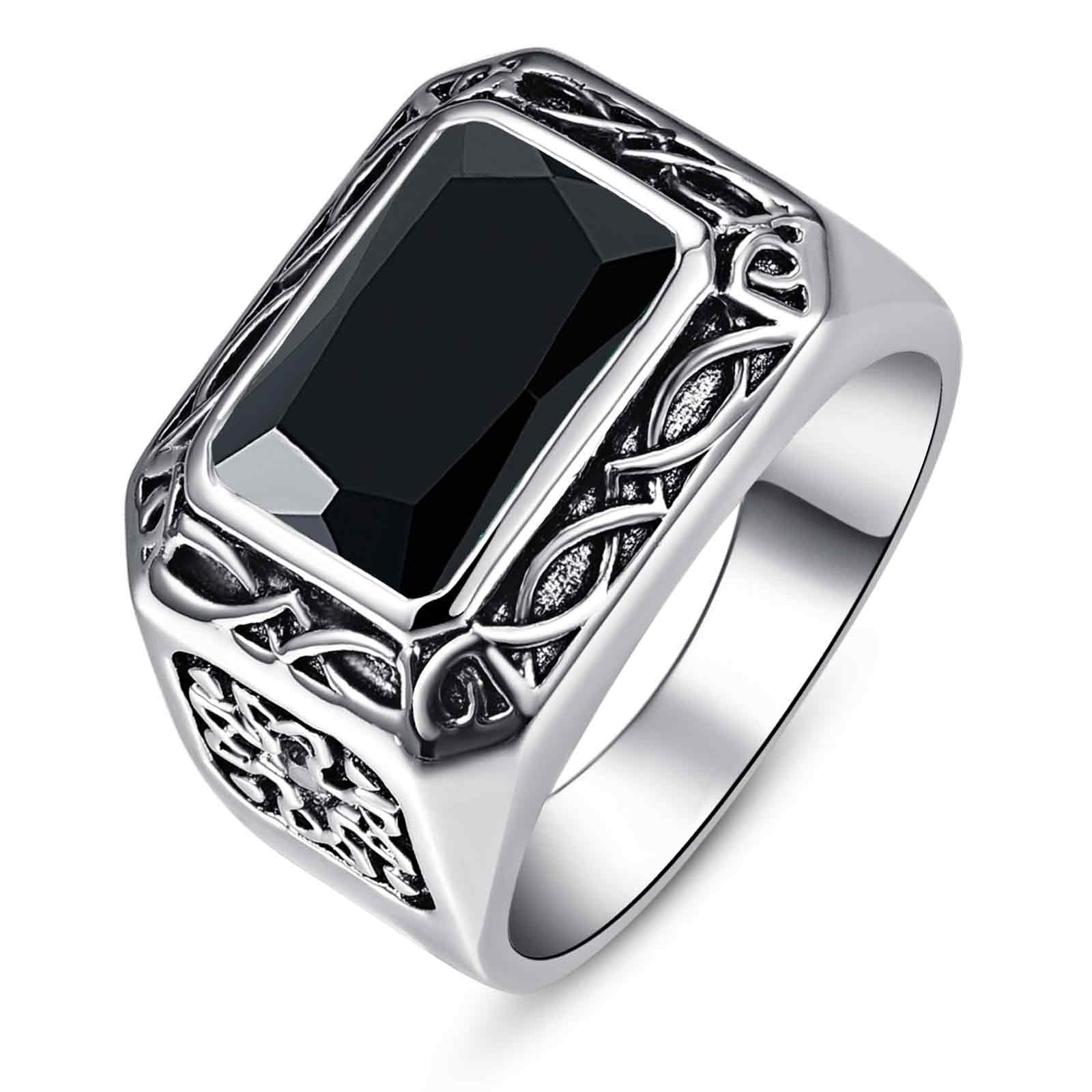 12x8mm Simulated Mens Gemstone Ring Stainless Steel Vintage Celtic Mens Ring, Blue|Red|Black Stone Signet Style Rings for Men Wedding Gift for Husband, Father, Grandpa Size 8-12