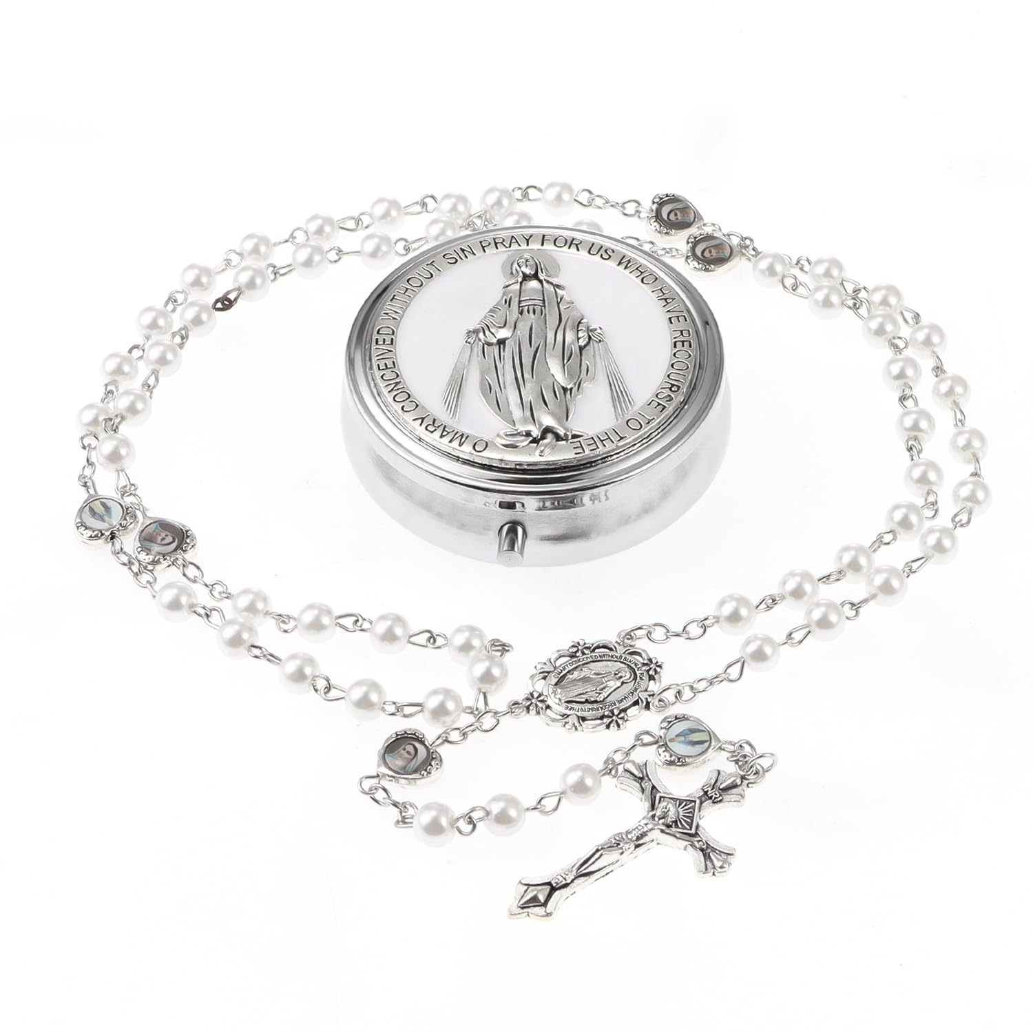 6mm Glass Pearl Rosary Beads Catholic for Women, Virgin Mary Our Lady of Guadalupe Medal, Hematite Stone Saint Benedict Rosary, Bead Necklace First Communion Gifts with Metal Gift Box