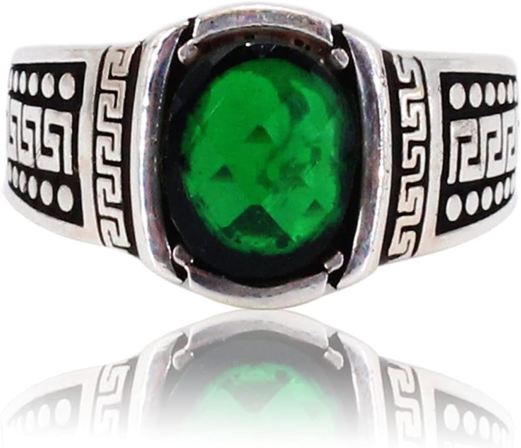 Elegant Greek Wave Detailed Oval Emerald Silver Ring. Stylish Handmade Vintage Statement Ring. Sterling Silver Jewelry for Men.