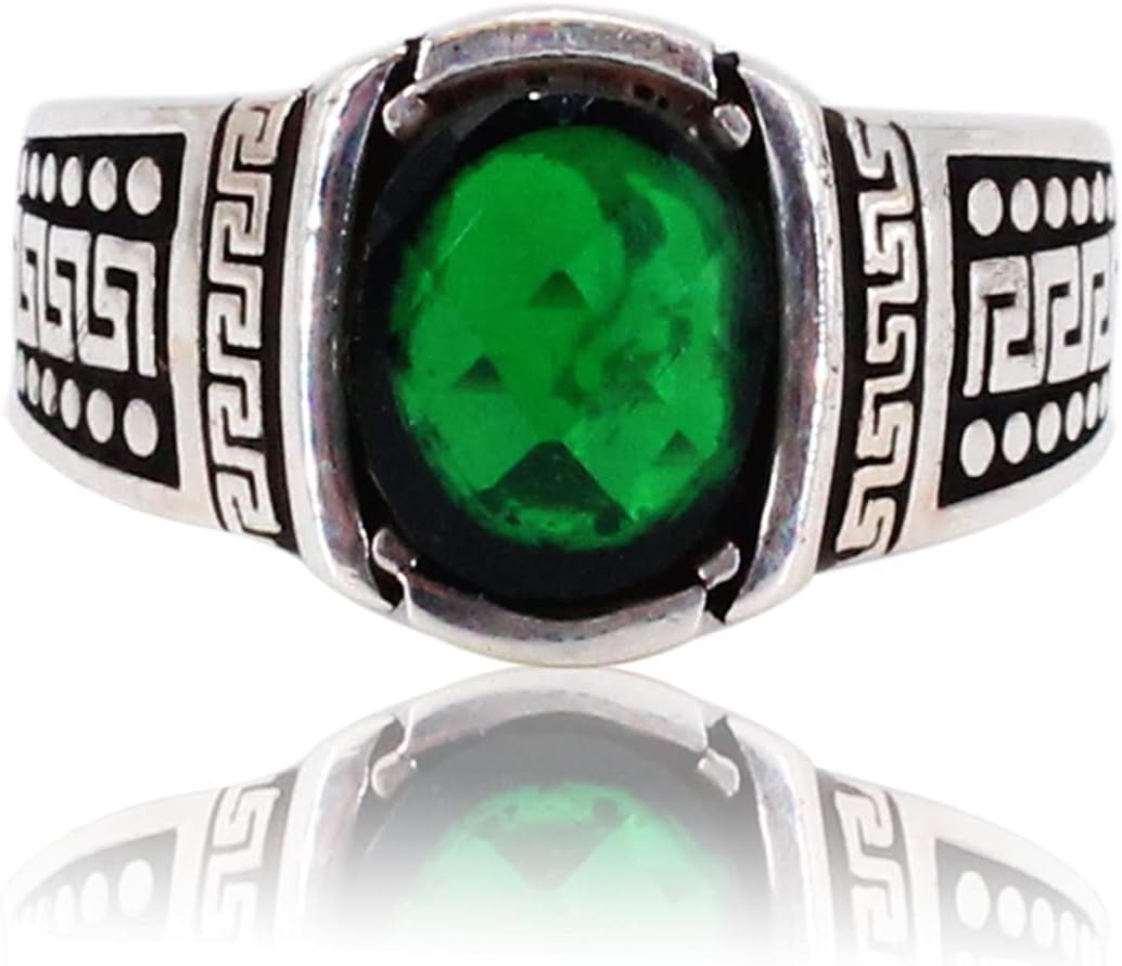Elegant Greek Wave Detailed Oval Emerald Silver Ring. Stylish Handmade Vintage Statement Ring. Sterling Silver Jewelry for Men.