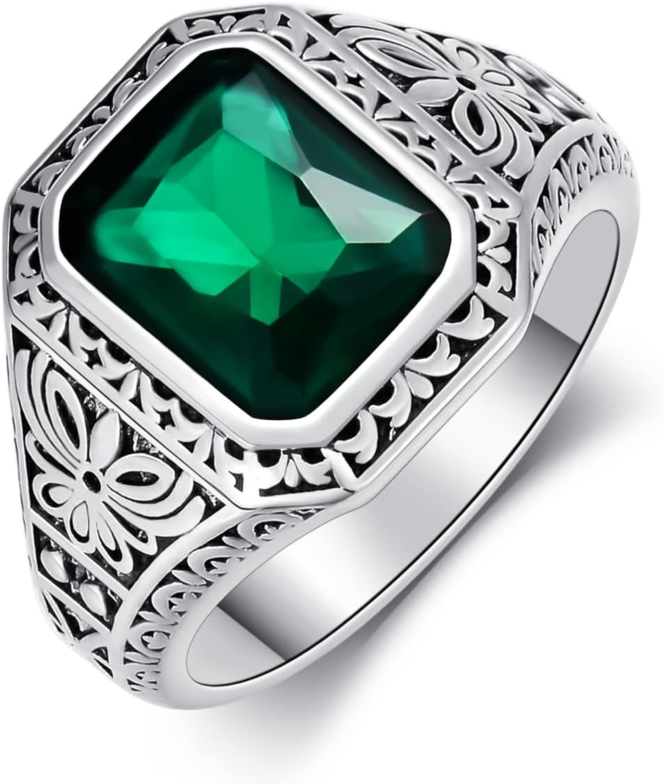 Green Simulated Emerald Ring for Men Sterling Silver Vintage Gothic Biker Ring