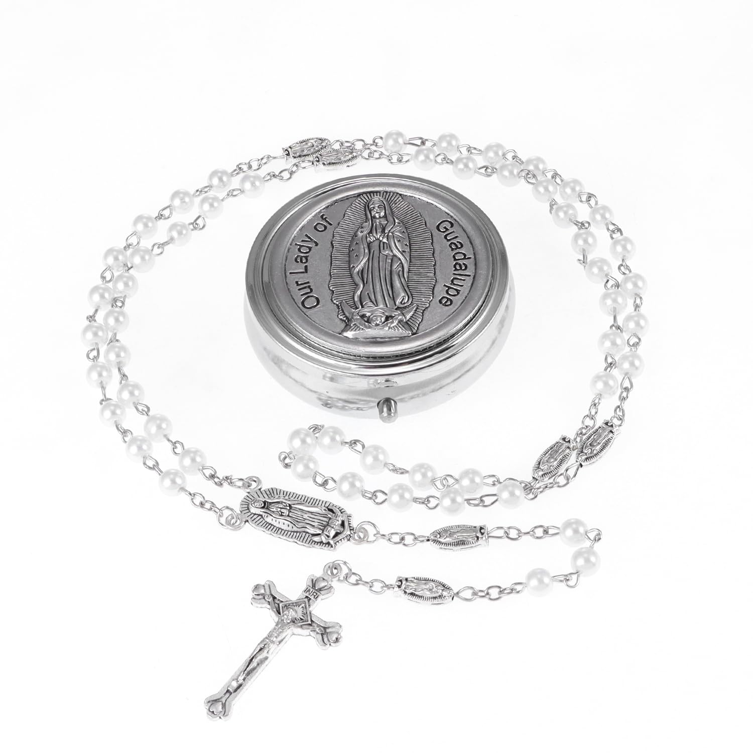 6mm Glass Pearl Rosary Beads Catholic for Women, Virgin Mary Our Lady of Guadalupe Medal, Hematite Stone Saint Benedict Rosary, Bead Necklace First Communion Gifts with Metal Gift Box