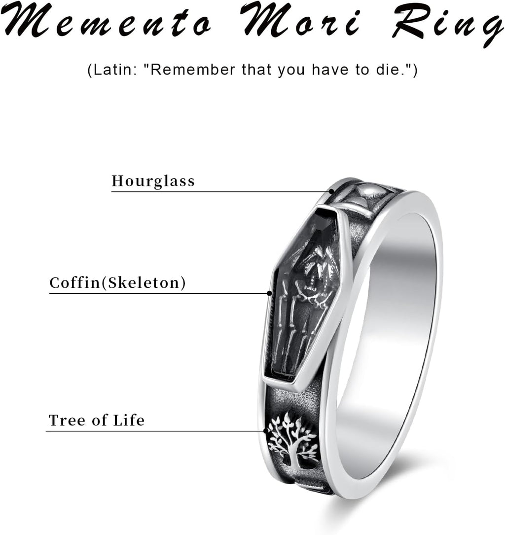 JUSTKIDSTOY Memento Mori Ring 925 Sterling Silver Skull Skeleton Ring Stoic Reminder Halloween Jewelry Gifts for Men Women