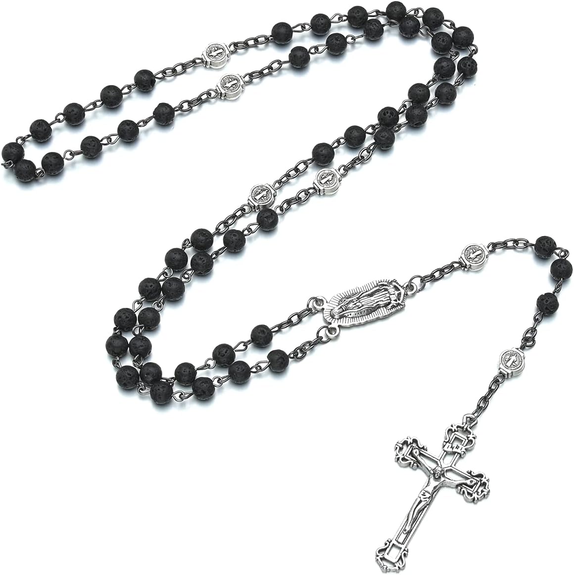 Bead Rosary Necklace with Crucifix and Our Lady of Guadalupe Medal Black Volcanic Rock Beads Catholic Prayer Rosaries Necklaces Jewelry for Men Gifts in Velvet Bag