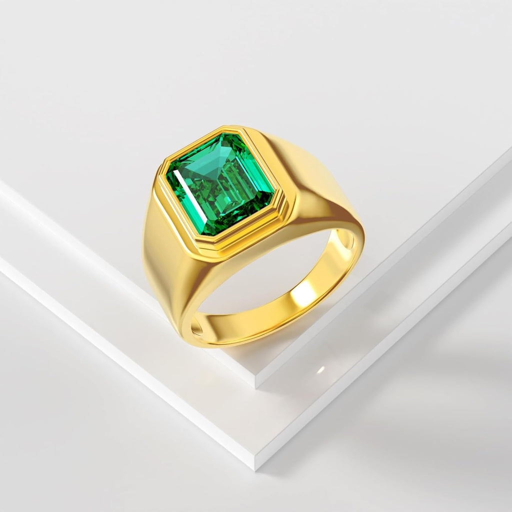 KECHO Personalized Customized Large Emerald Mens Ring Retro Ring for Men Emerald Moissanite IGI Certified Lab Grown Gemstone 10k 14k 18k Solid Gold Size 7-13