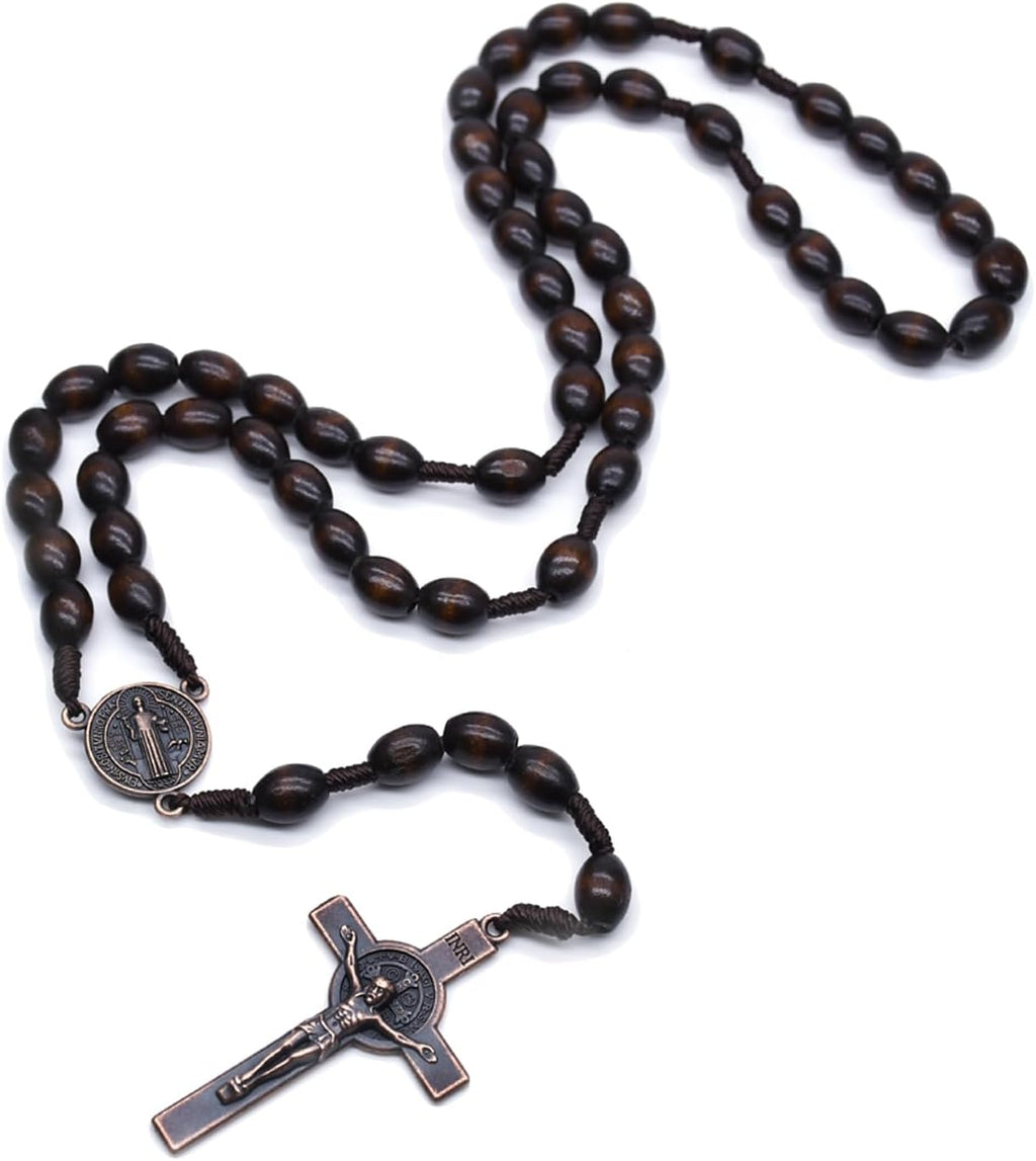 SZQCZB Wooden Rosary Beads Catholic for Men, Saint Benedict Medal and Cross - Comes in Gift Pouch and 18pcs Prayer Cards