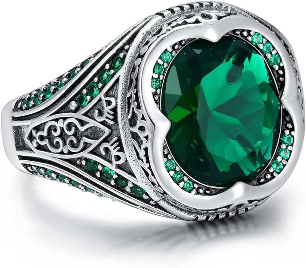 Sterling Silver Oval Emerald Gemstone Ring for Men Vintage Retro Jewelry for Men