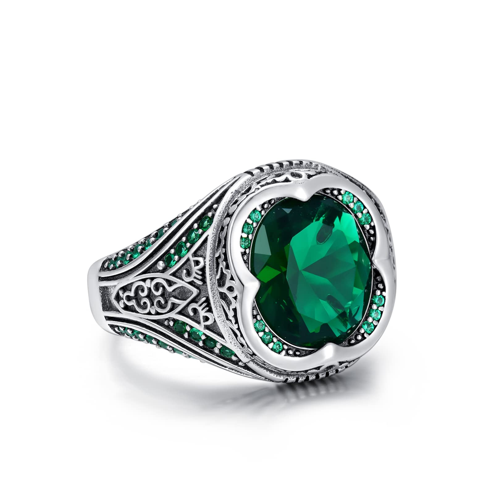 Sterling Silver Oval Emerald Gemstone Ring for Men Vintage Retro Jewelry for Men