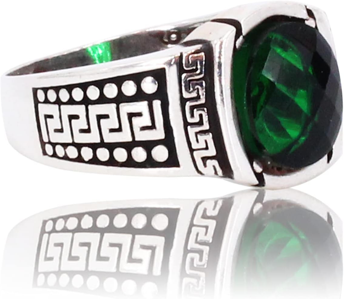 Elegant Greek Wave Detailed Oval Emerald Silver Ring. Stylish Handmade Vintage Statement Ring. Sterling Silver Jewelry for Men.