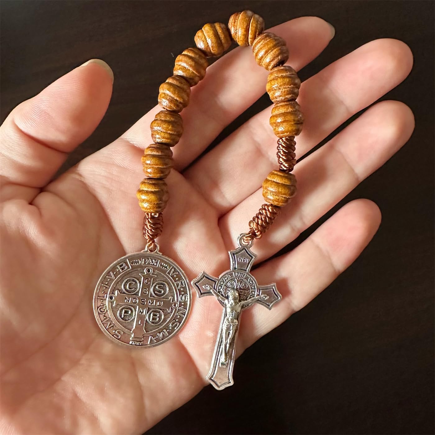 Saint Benedict Medal Prayer Pocket Rosary Catholic Brown Wood Beads with Medalla de san benitol and Crucifix, 9 Inch(Silver)