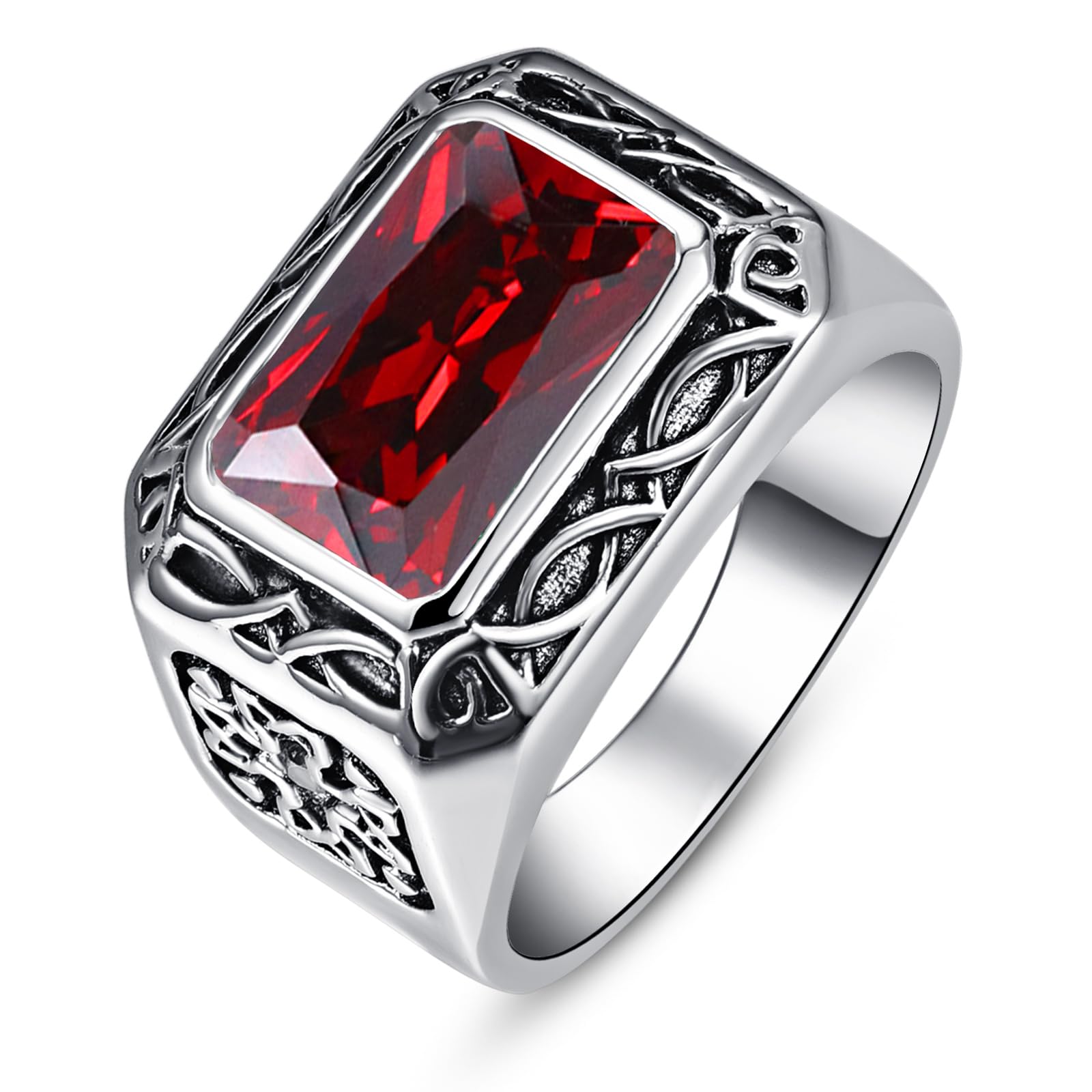 12x8mm Simulated Mens Gemstone Ring Stainless Steel Vintage Celtic Mens Ring, Blue|Red|Black Stone Signet Style Rings for Men Wedding Gift for Husband, Father, Grandpa Size 8-12