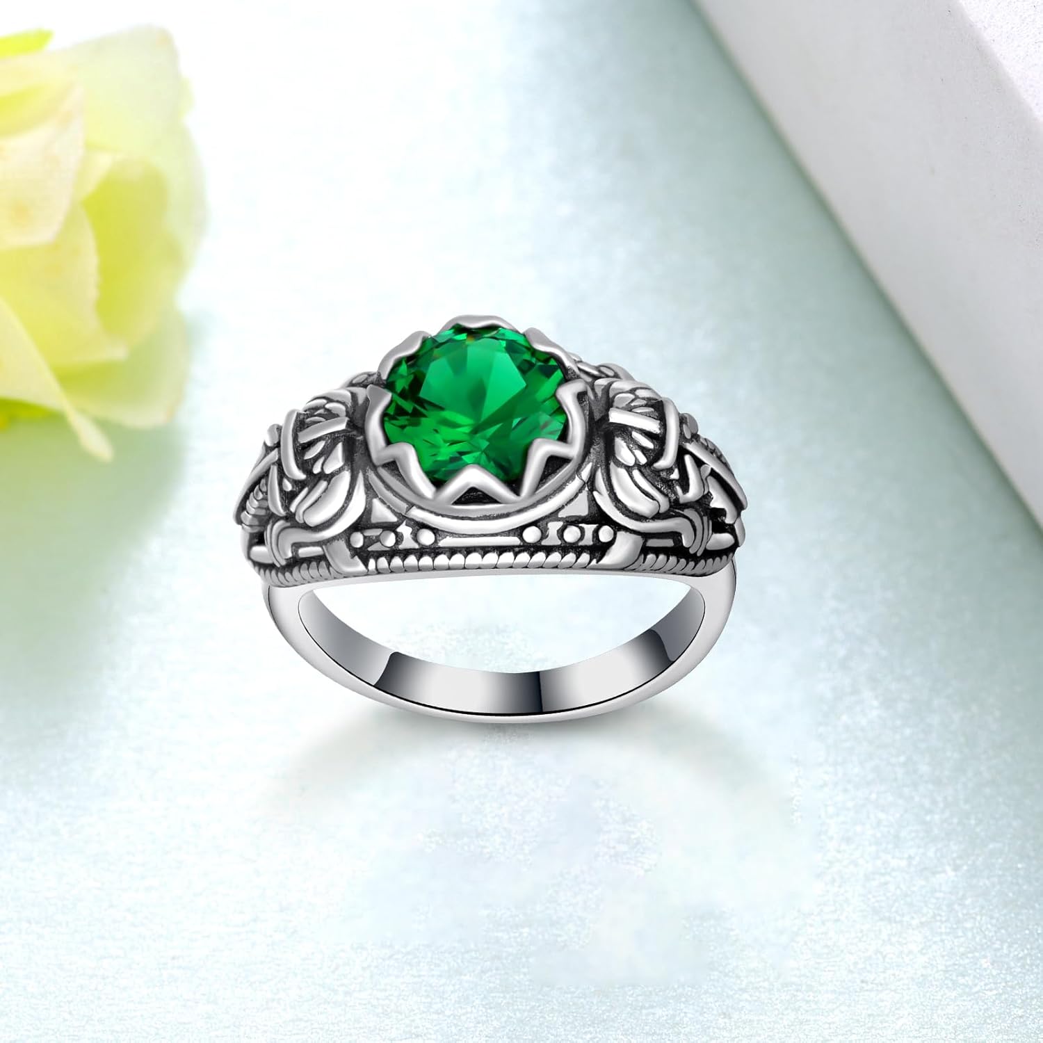 St Michael Ring Sterling Silver Mens Emerald Ring Saint Michael the Archangel Jewelry for Men Women (Size 8-10)