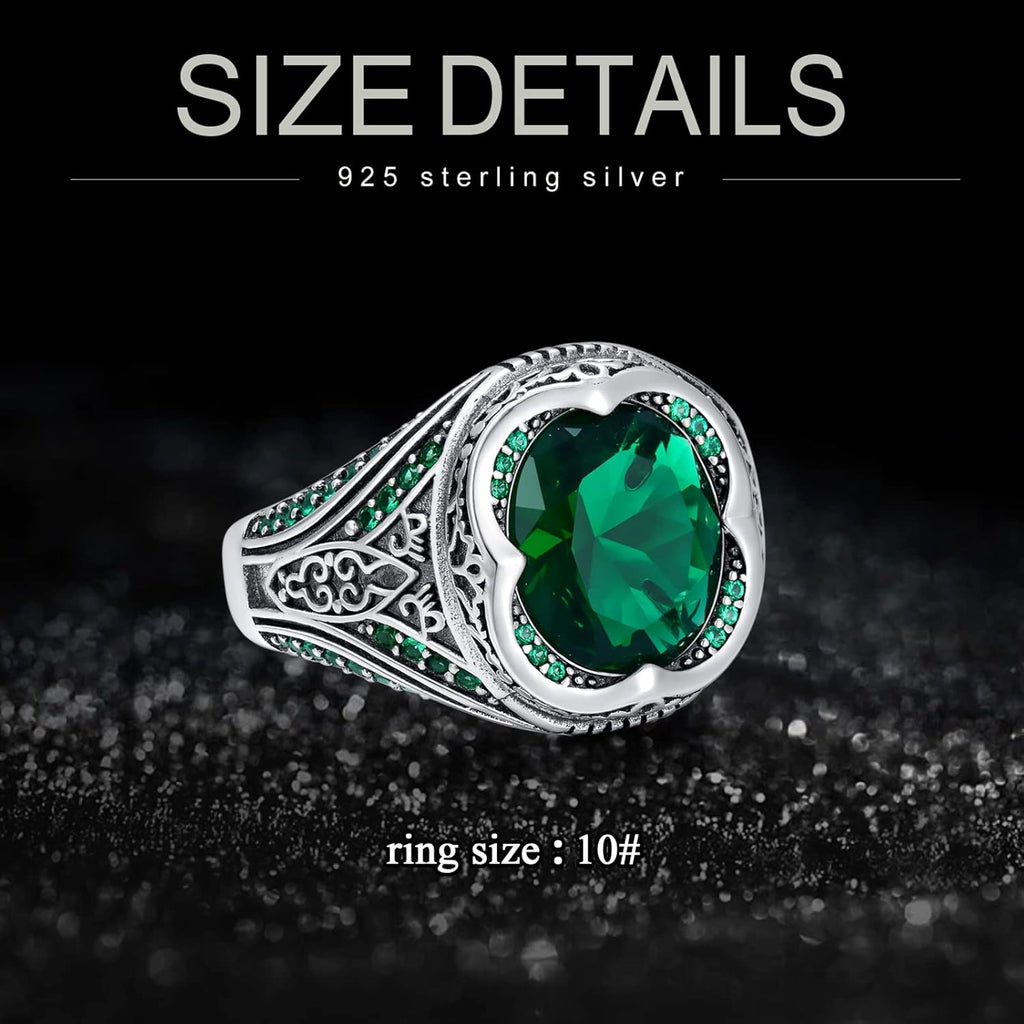 Sterling Silver Oval Emerald Gemstone Ring for Men Vintage Retro Jewelry for Men