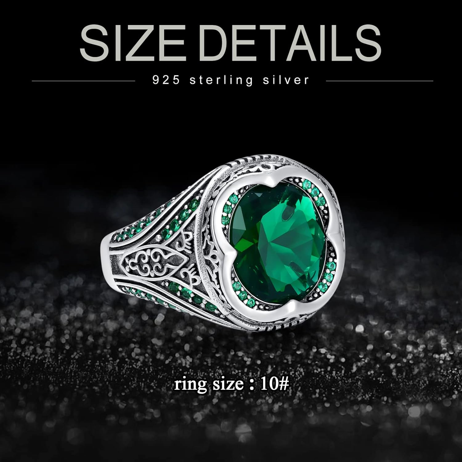 Sterling Silver Oval Emerald Gemstone Ring for Men Vintage Retro Jewelry for Men