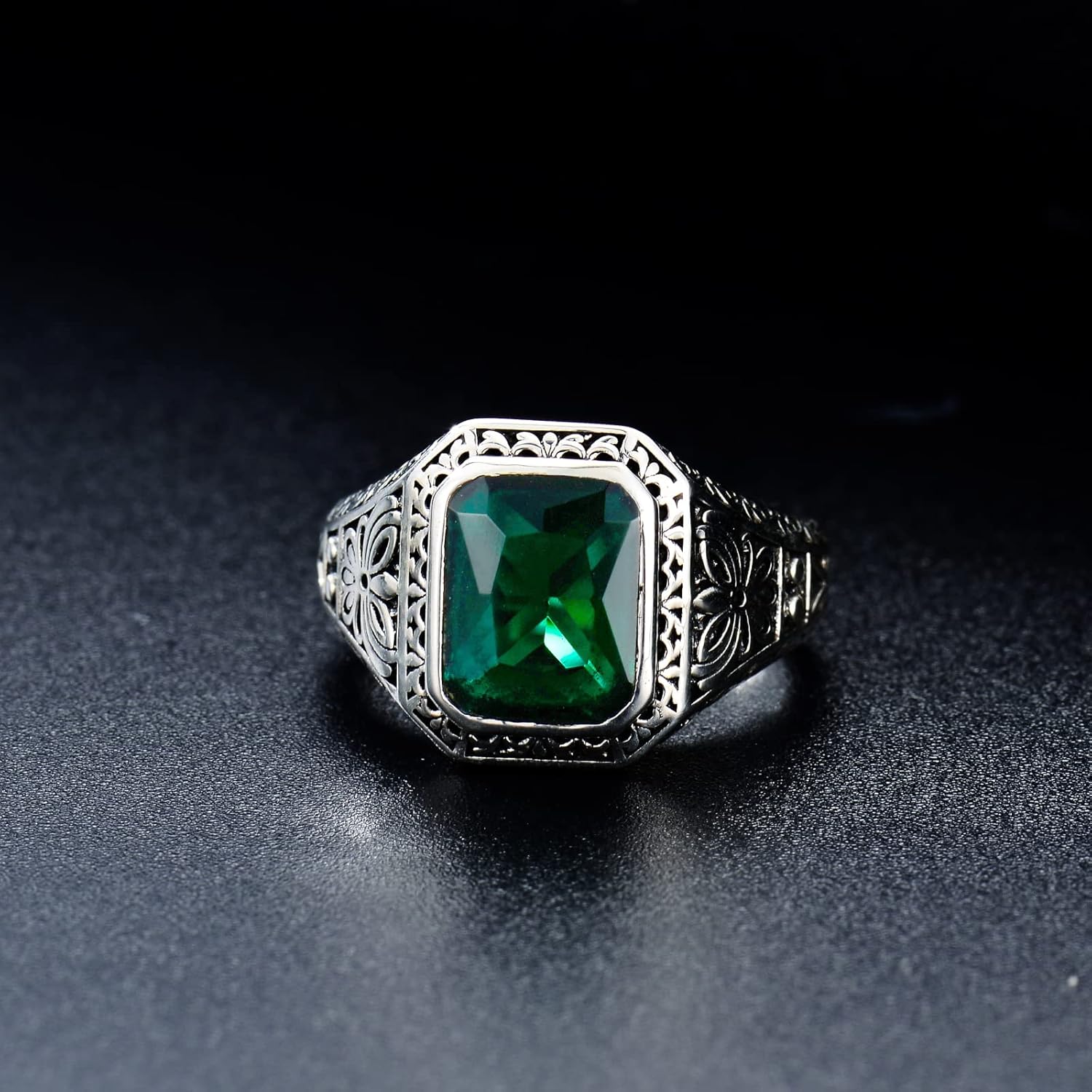 Green Simulated Emerald Ring for Men Sterling Silver Vintage Gothic Biker Ring