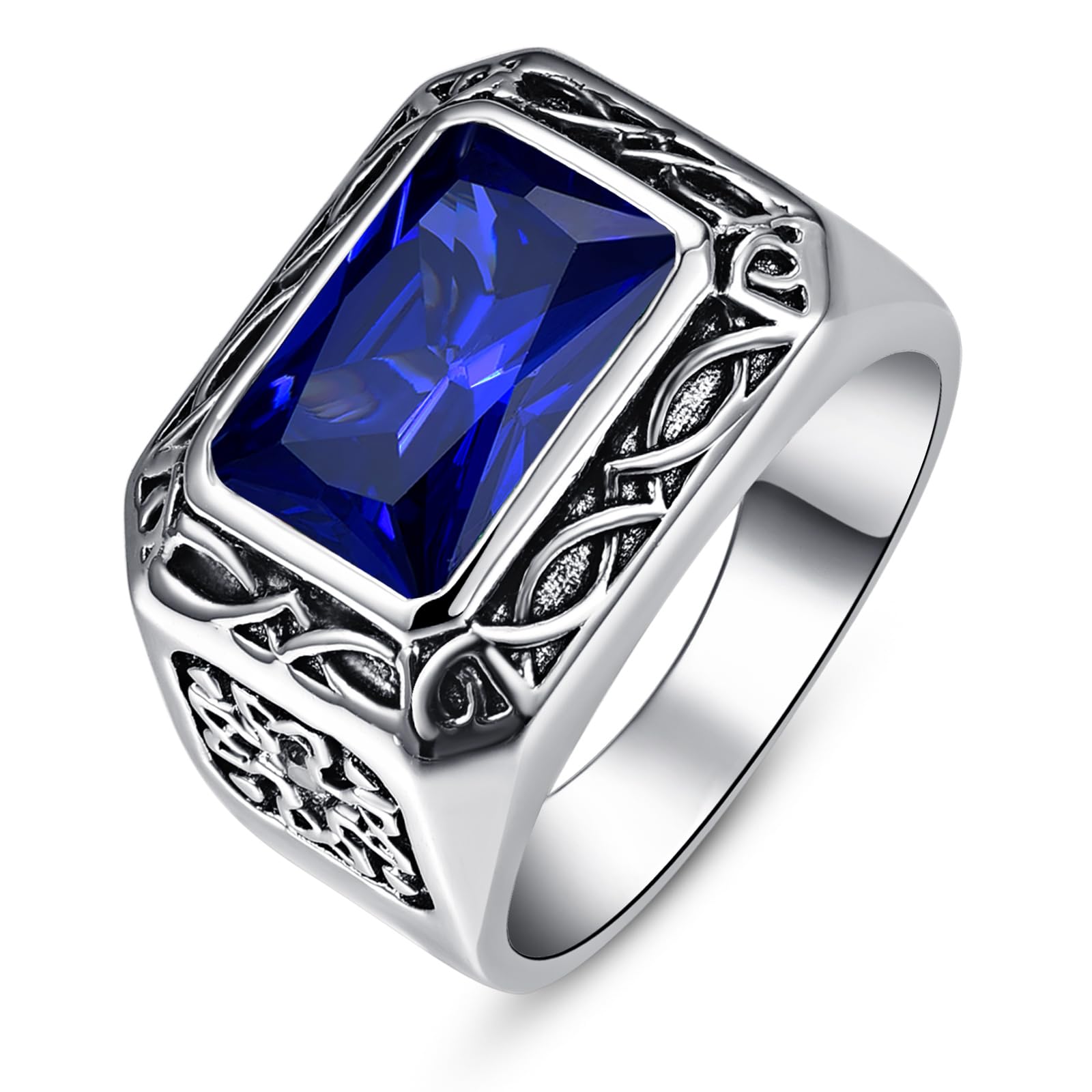 12x8mm Simulated Mens Gemstone Ring Stainless Steel Vintage Celtic Mens Ring, Blue|Red|Black Stone Signet Style Rings for Men Wedding Gift for Husband, Father, Grandpa Size 8-12