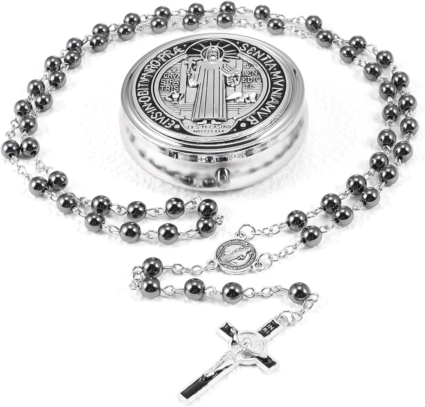 6mm Glass Pearl Rosary Beads Catholic for Women, Virgin Mary Our Lady of Guadalupe Medal, Hematite Stone Saint Benedict Rosary, Bead Necklace First Communion Gifts with Metal Gift Box