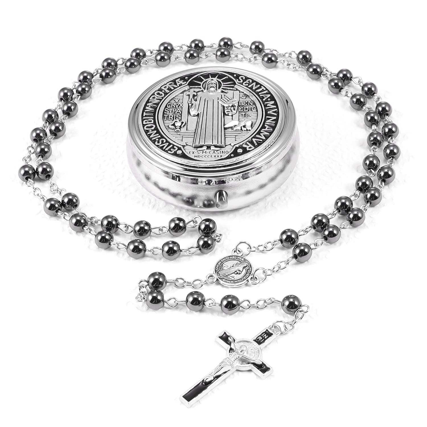 6mm Glass Pearl Rosary Beads Catholic for Women, Virgin Mary Our Lady of Guadalupe Medal, Hematite Stone Saint Benedict Rosary, Bead Necklace First Communion Gifts with Metal Gift Box